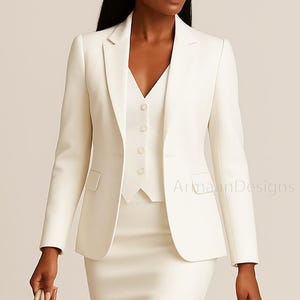 Women’s White Three Piece Skirt Suit, Women Grey Suit, Classic Grey Blazer, Slim Fit Suit, Dinner Suit, Skirt Suit Set, Custom Wedding Suit.