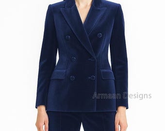 Navy Blue Velvet Pantsuit | Double Breasted Women's Suit