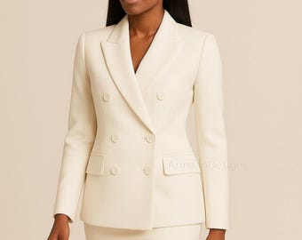 White Double Breasted Skirt Suit, Formal Blazer, Custom Fit
