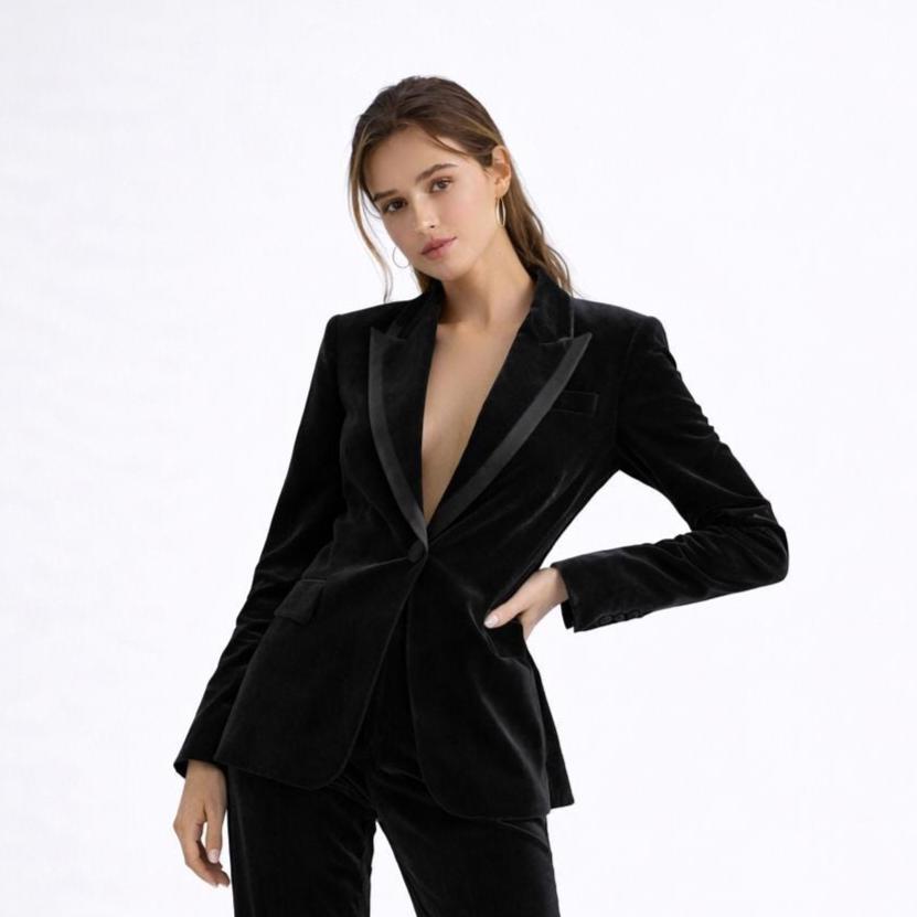 Women Black Velvet Two-Piece Pantsuit - Women's Bootcut Blazer Set With Satin Strip.