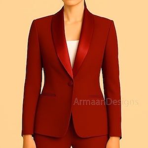 Women&#39;s Maroon Red Tuxedo Suit With Satin Lapel - Elegant Red Pantsuit, Wedding Guest Suit, Formal Workwear, Custom Red Business Suit.