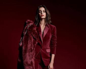 Radish maroon two piece suit with contrast satin lapel/radish maroon//two piece suit/top/Womens suit/Womens Suit Set/Wedding suit.