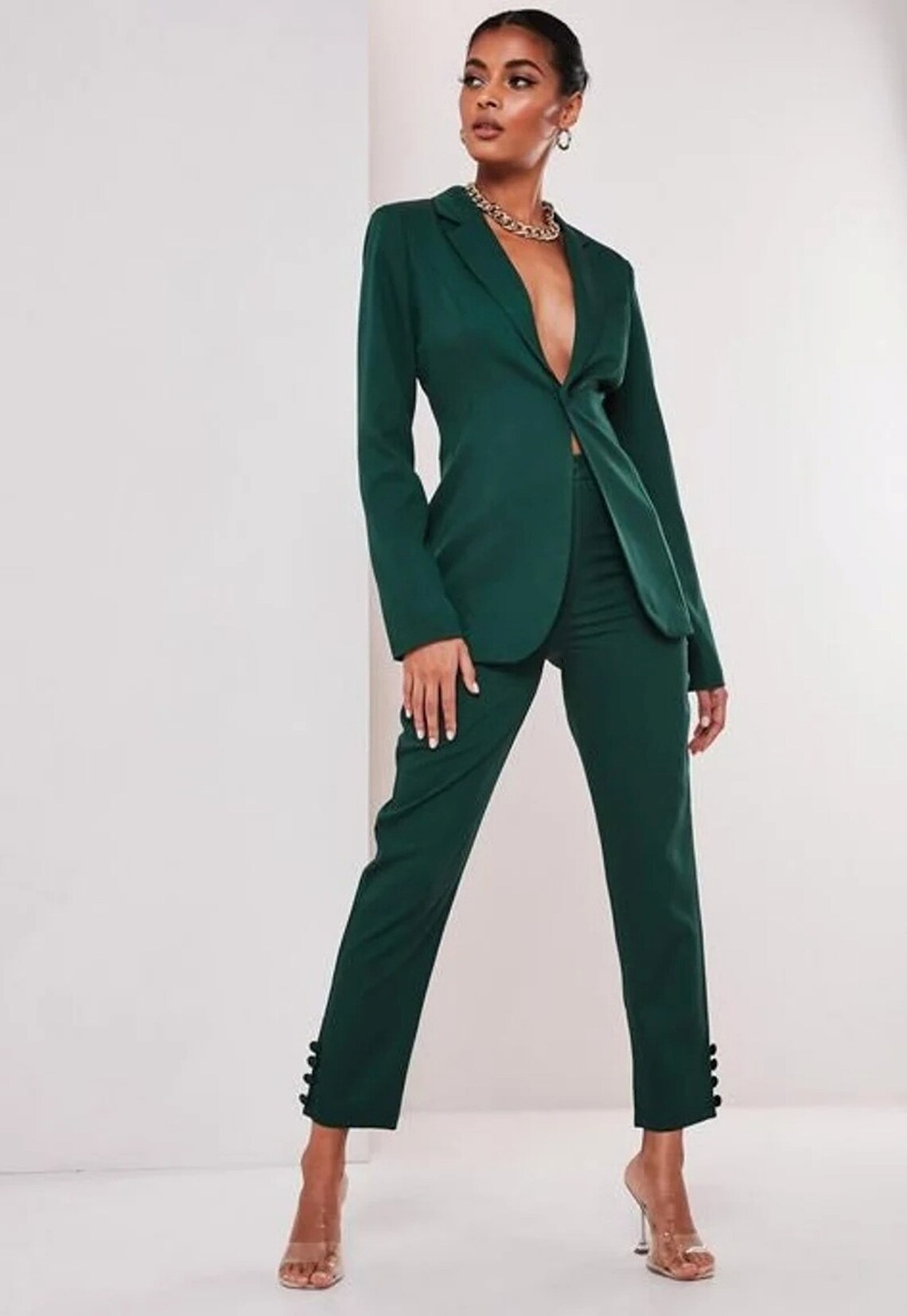 Women Green Suit Two Piece Single Breasted Premium Cotton Etsy