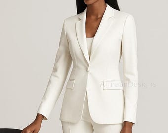 Traje de pantalón blanco, traje de dos piezas a medida, solapa de muesca, atuendo de oficina