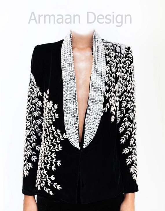 Z Black Blazer in Velvet With Silver Beats Work for Party and