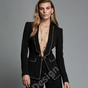 Black Two piece suit With White Stripe for women/two piece suit/Womens suit/Womens Suit Set/Wedding Suit/ Women’s Coats Suit Set.