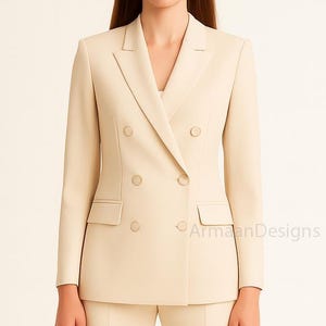 Tailleur-pantalon beige croisé slim pour femme, costume beige pour femme, blazer beige premium, blazer ajusté et pantalon taille haute.