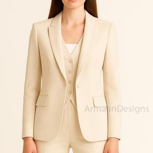 Costume trois pièces beige pour femme, costume de cérémonie beige, costume de mariée, tailleur-pantalon de cérémonie, costume de marié personnalisé.