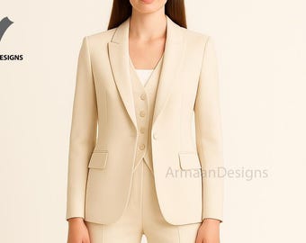 Beige 3-Piece Suit, Formal Pantsuit, Custom Fit