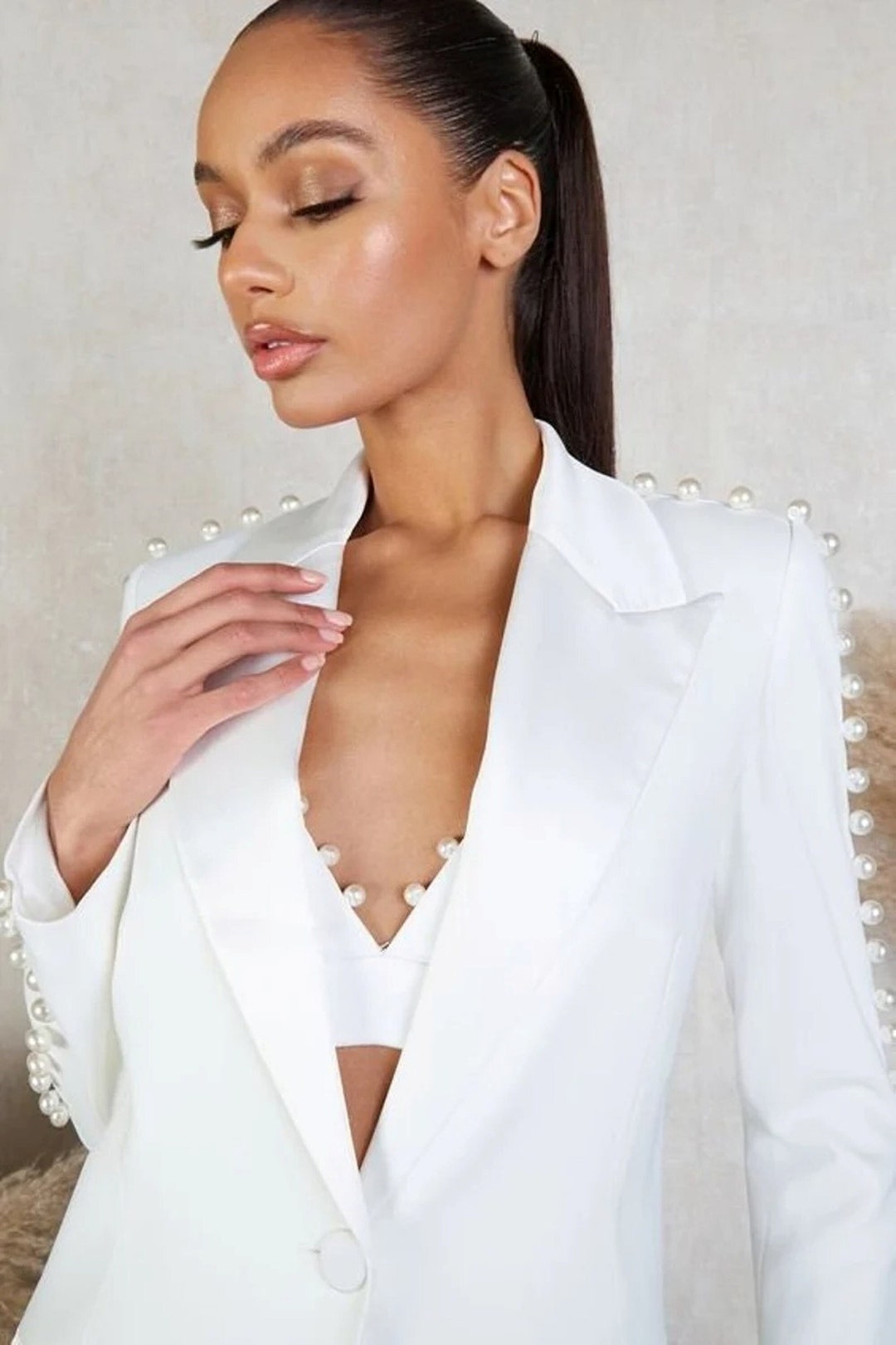 Women White Linen Suit With Pearl Design for Official and Etsy