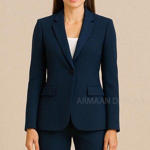 Classic Navy Blue Women&#39;s Suit, Office Women 3 piece Suit with Flurry Pants, Dress Suit, Single-Breasted Custom Blazer & Wide-Leg Trousers.