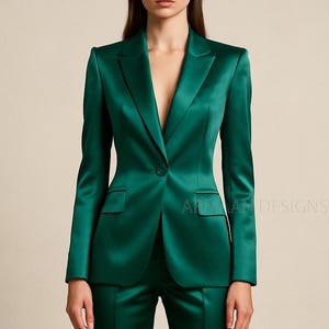 Women Emerald Green Satin Two Piece Suit, Green Prom Suit, tapered trousers, Satin Pantsuit, Brides Wedding Suit, Office Suit, Custom Suit.