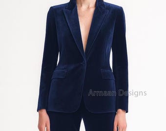 Navy Blue Velvet Pant Suit | Women's Formal Two Piece