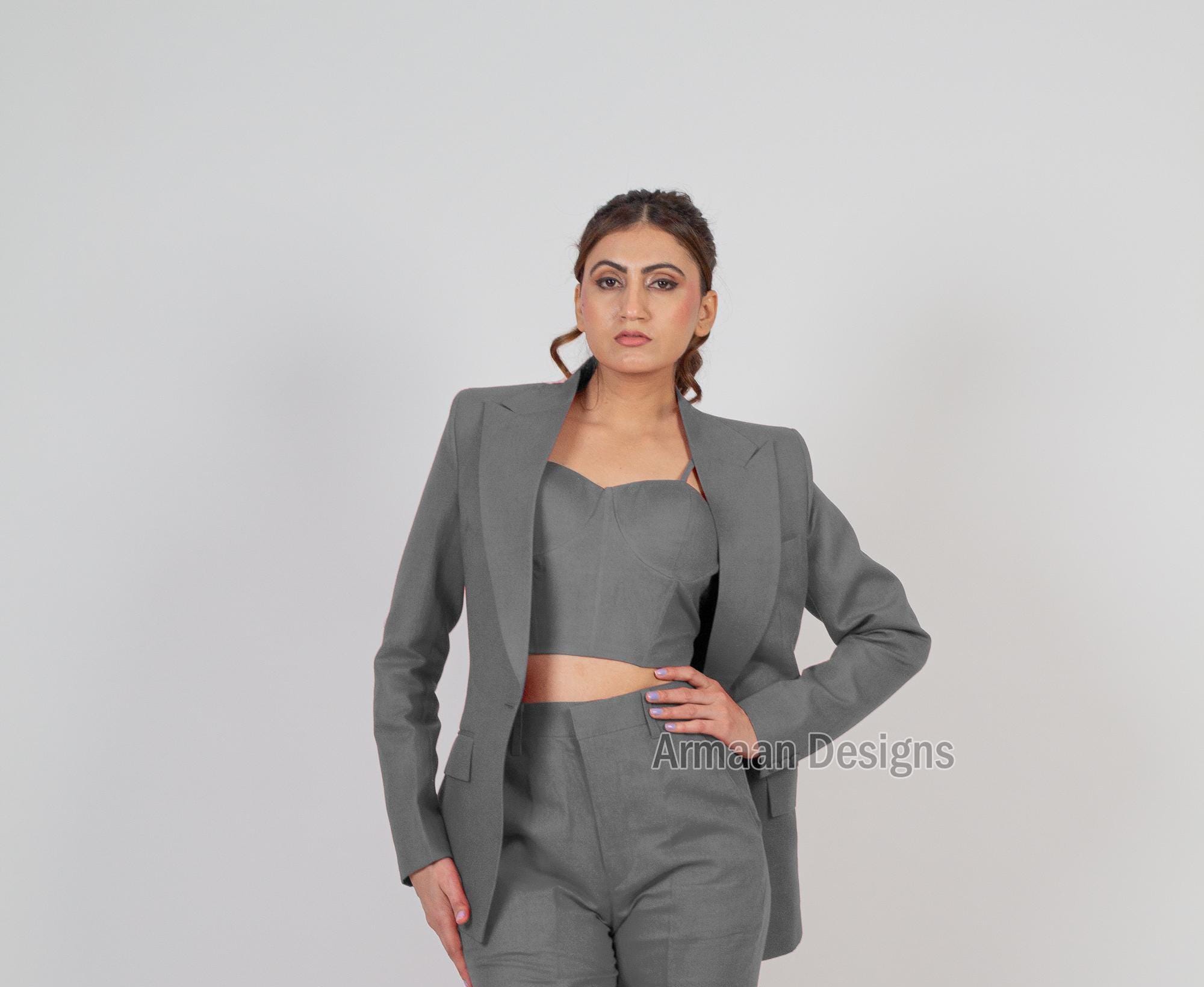 Women’s Gray Linen Three Piece Suit, Bustier Suit, Bustier & Wide-Leg Pants, Elegant Suit, Formal Wedding Suit, Slim Fit Women Suit.