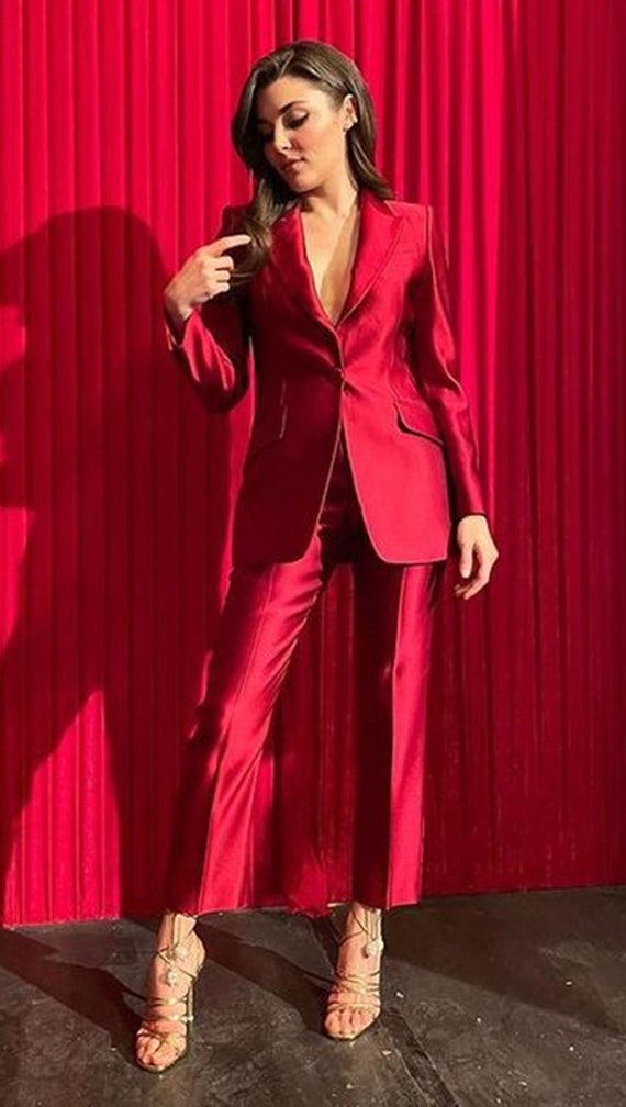 Women Red Luxury Satin 2 Piece Suit/two Piece Suit/top/womens Suit