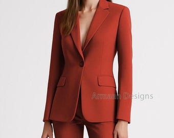 Rust Two-Piece Pantsuit Set – Elegant Formal Blazer, Custom Fit