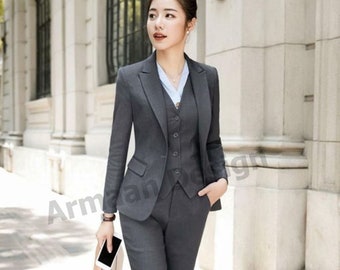 Women Dark Grey Three Piece Suit For Office And Party.