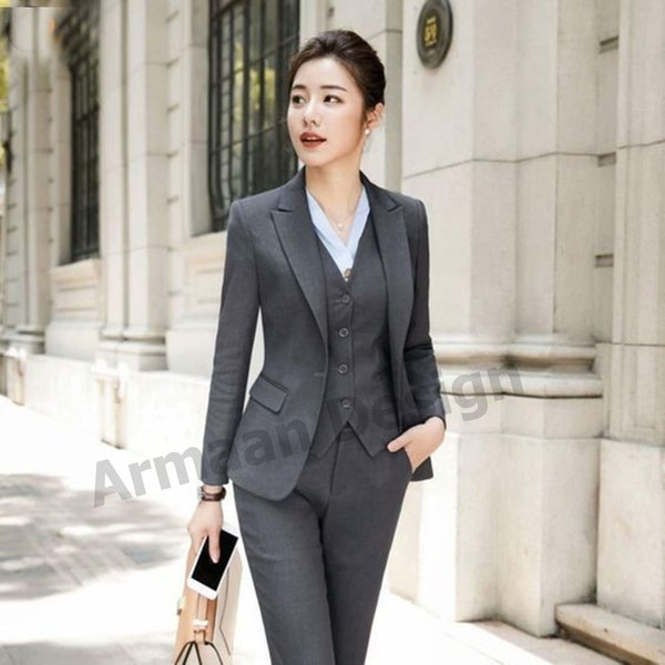 Women Dark Grey Three Piece Suit For Office And Party.