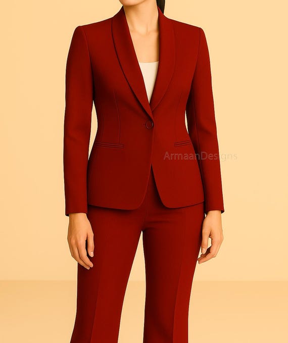 Women's Maroon Red Tuxedo Suit Elegant Red Pantsuit, Wedding