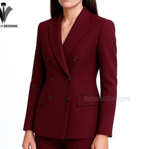 Kastanienbrauner formeller Hosenanzug für Geschäftsfrauen, Frauen-Kastanienbrauner Zweireiher, Slim Fit-Hosenanzug, maßgeschneiderter Blazer und Hosen mit hoher Taille.