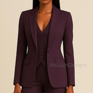 Dark Purple Formal Pants Suit for Women, Vest and High Rise Pants, Bridal Wedding Suit, Formal Boot Cut Pantsuit, Tall Women Pantsuit.