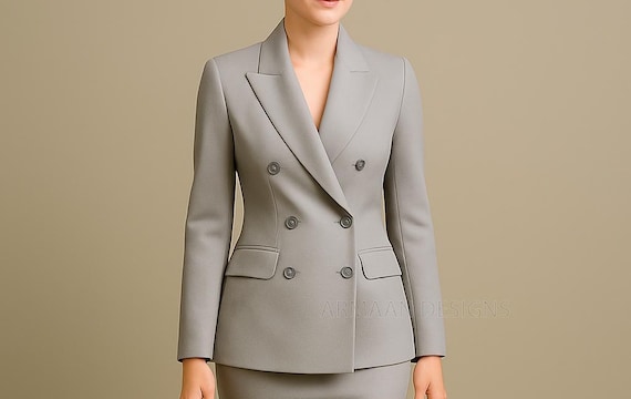 Women's Light Grey Double Breasted Skirt Suit, Women Grey
