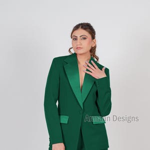 Woman Green Two Piece Suit With Satin Lapel, Woman Slim Fit Suit, Tailored Suit Office Suit, Prom Night Suit, Formal Attire, Green Suit.
