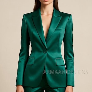 Women’s Emerald Green Satin Two Piece Suit, Green Prom Suit, Brides Wedding Suit, Luxury Satin Pantsuit, Brides Wedding Suit, Office Suit.
