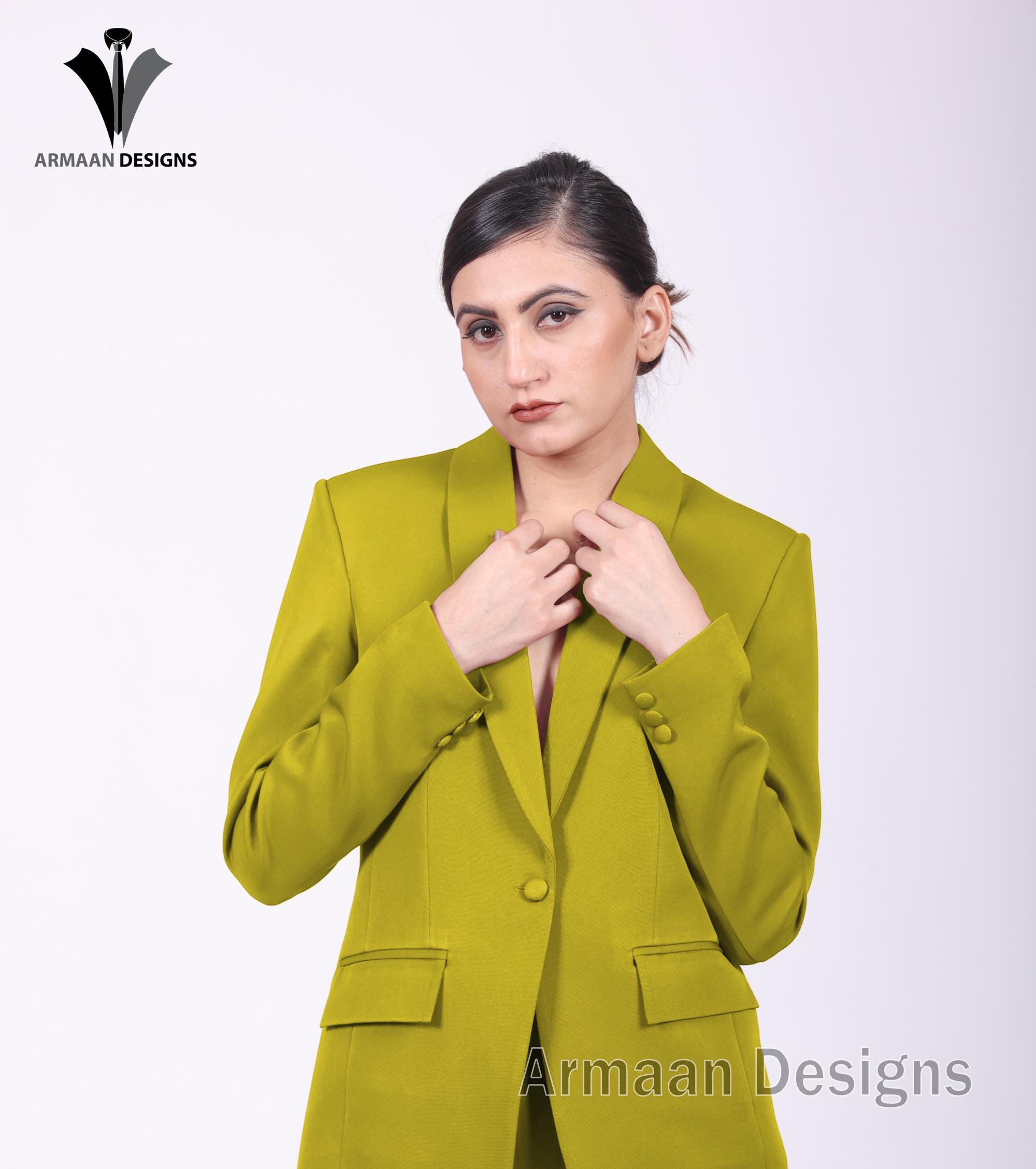 Women Two Piece Suit - Mustard Slim Fit Pantsuit with Blazer Trousers Set, Stylish Office Attire & Business Wear, skinny pant suit,