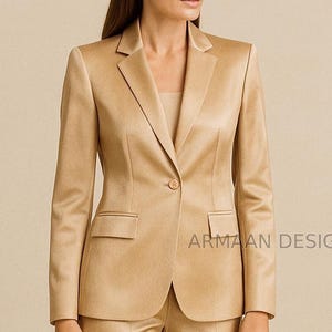 Women’s Beige Satin Two Piece Suit, Beige Prom Suit, Brides Wedding Suit, Luxury Satin Pantsuit, Brides Wedding Suit, Office Suit.