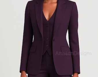 Dark Purple Pantsuit, Women's Formal Vest Suit, High Rise Bootcut