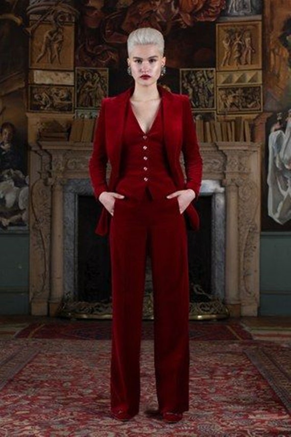 Women Velvet 3 Piece Suit in Red Color for Party and Prom. 