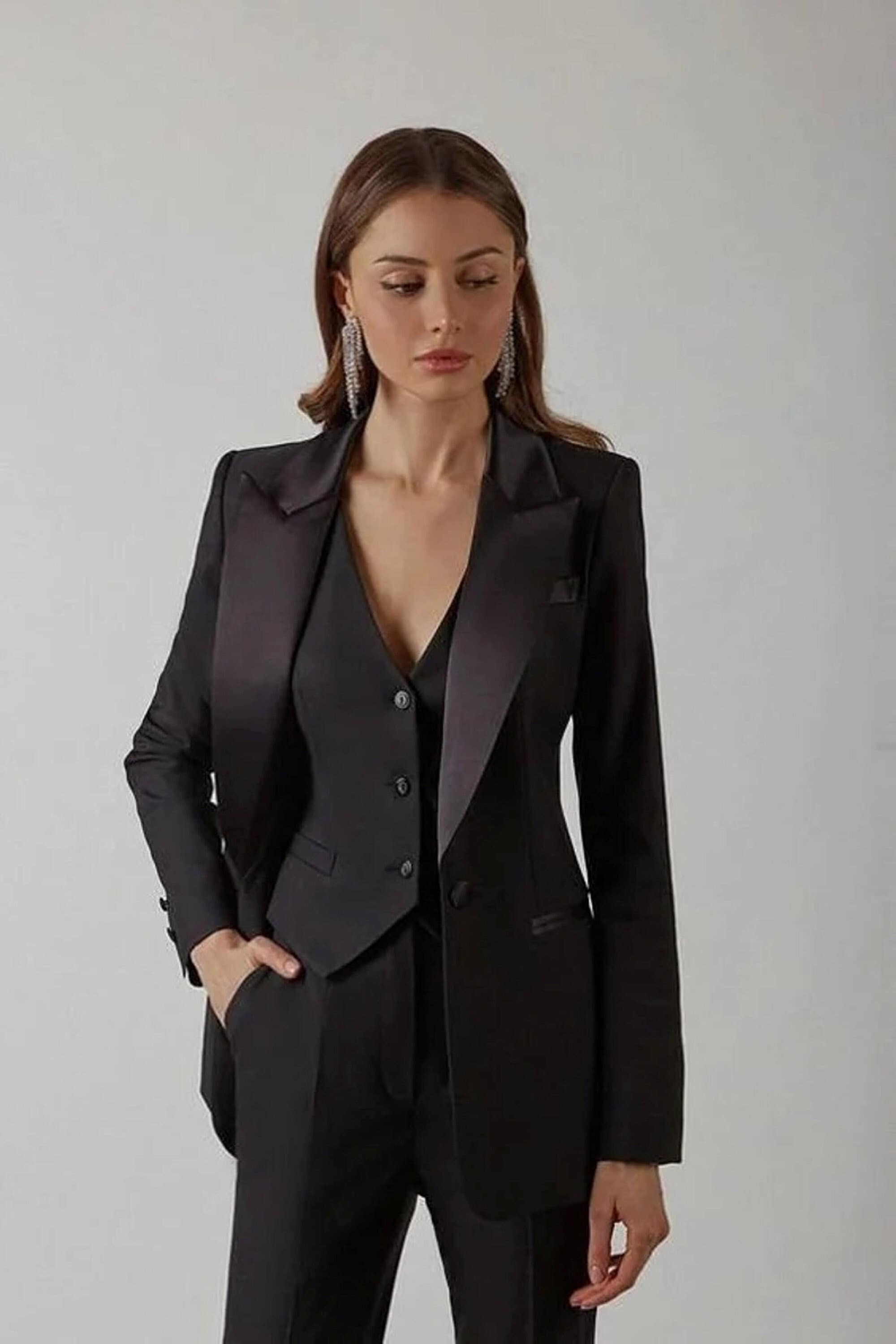 Women 3pc Black Suit Single Breasted Custom Made Designer Cotton Coat Vest  With Pant. -  Canada