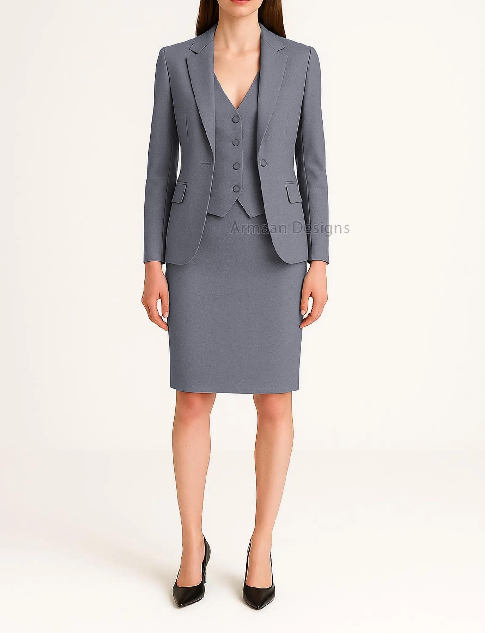 grey pencil dress outfit Light Skirt Suit - Women's Blazer, Skirt, and Top plunging v neck