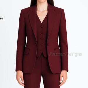 Women’s Maroon Red Three-Piece Suit, Maroon Formal Suit, Bridal Wedding Suit, Formal Boot Cut Pantsuit, Custom Groom Wedding Red Suit.