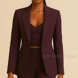Women Dark Purple Bustier Three-Piece Suit, Women Suit With Bustier, Purple Boot Cut Pantsuit, Purple Wedding Suit, High Waisted Purple Suit