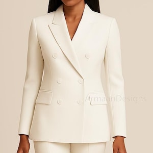 White Double Breasted Women’s Suit, Women Stylish Suit, dress pants for women, Elegant White Blazer, White Wedding Suit, High Waisted Suit.