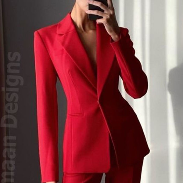 Frauen Rot Luxus Premium Baumwolle 2-teiliger Anzug für Büro und Abschlussball.