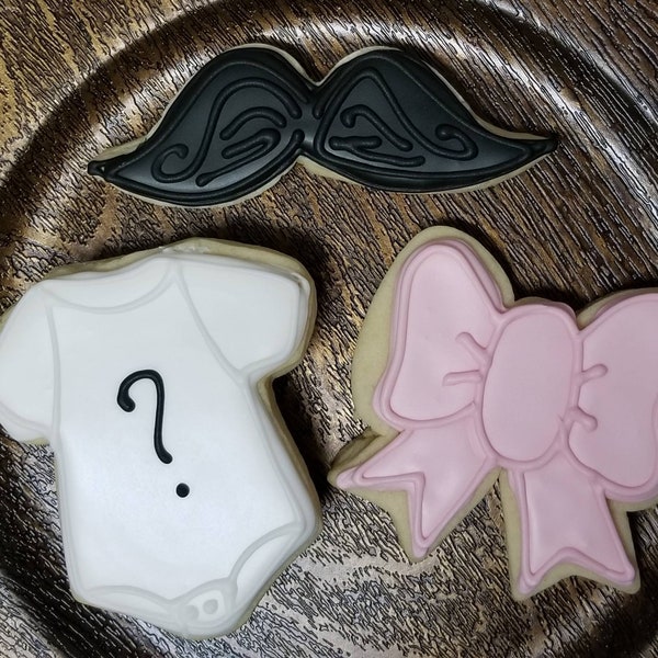 Baby Shower Cookies | He or She What Will It Be Cookies | Custom Baby Shower Co | Gender Reveal Cookies | Mustache, Bow And Onsie Cookies