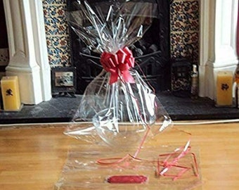 5m x 80cm Clear Cellophane Wrapping & 2 Red Pull Bows Gift Birthday Hampers Wrap 