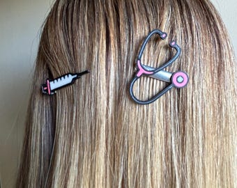 Medical stethiscope and syringe hair clips, gift for doctor, veterinarian, nurse, medical student