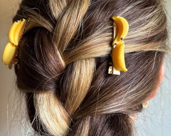 Banana hair clips (set of 2), handmade banana bunch barrettes, monkey costume accessory