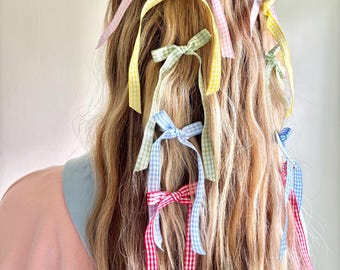 Gingham bow delicate summer hair clip barrettes (set of two)