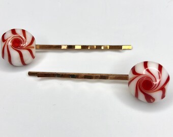 Peppermint Christmas candy handmade hair clip bobby pins