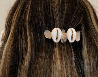 Mermaidcore rose quartz cowrie shell hair clip barrettes, mermaid beach wedding hair accessory