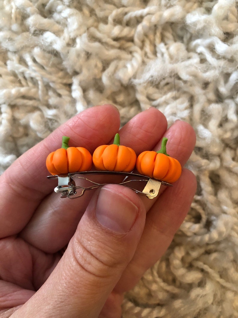 Mini pumpkin hair clip barrette, handmade fall Halloween hair clip french barrette image 6