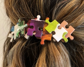 Colorful jigsaw puzzle piece hair clip barrette, handmade jigsaw puzzle lover gift