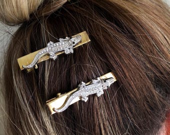 Sparkly alligator crocodile hair clip barrettes, choose gold OR silver gator accessory