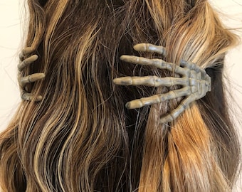 Halloween creepy skeleton hands hair clips with spooky glow in the dark option