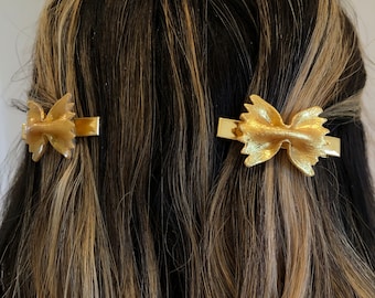 Farfalle pasta lover hair clips, handmade gold bow tie pasta barrettes